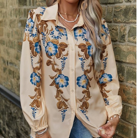 Boho Floral Print Lantern Sleeve Blouse - Picture 5 of 8